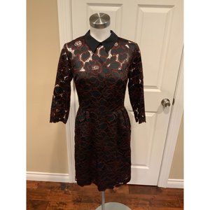 Trina Turk Black & Maroon Floral Lace Dress w/ Peter Pan Collar, Size 2 NWT!